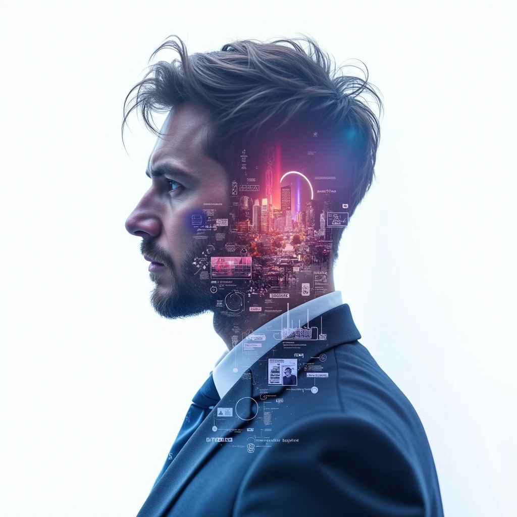 Innovative double exposure work showing a man of Slavic appearance, side shot, all filled with a lively scientific conference, blue and purple tones, ultra high resolution 32k, white background