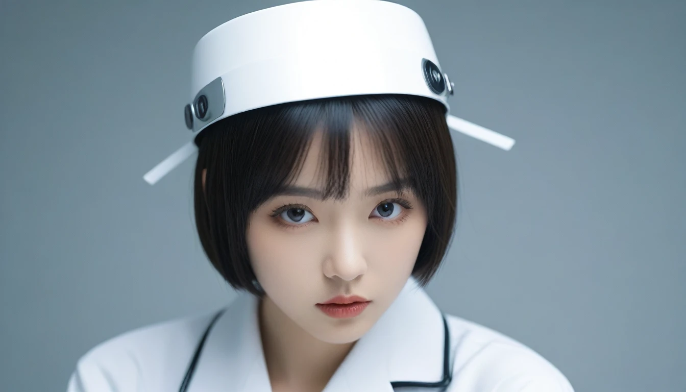 8k, Ultra-high resolution, Highest quality, masterpiece, 三分割法によるphotograph,Surreal, photograph, 1 , (:1.3), cute, cute顔, 細部までBeautiful Eyes, 細かくdetailedに,masterpiece,One Girl:1.2,Japanese women,nurse,upper body,glaring,Black short hair,Bowl cut,ID photo,((Fusion of humans and androids)),(Nurse uniform of the future:1.3),cyber punk,Eccentric,Medical Treatment Room,white collar,(Beautiful attention to detail),Subtle details, detailedな顔,anger,Attractive eyes,(ポートレートphotograph:1.4),(Photorealistic images:1.4),Fantasy art,(Beautiful Face:1.4),美しくAttractive eyes、Beautiful Eyes,Silver residue,(Tight waist:1.4)、(Beautiful with perfect body proportions:1.4),Pink Lips,profile,(((Ideal body type))),A-cup small breasts :2,、Portraiture:2、Perfect Anatomy、鮮明なdetailed、detailed,Fashion magazine cover,Thin lips,完璧でBeautiful Face ,完璧でcute顔, Skin with attention to detail, Perfect limbs、Narrow waist,Surreal,Light and shadow,spotlight