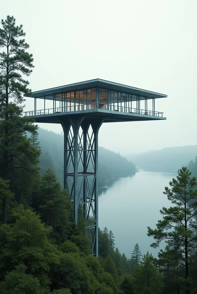 High Pavilion, lost among the trees, built in steel, in front of a lake, out of the water, supported by four tubular columns.