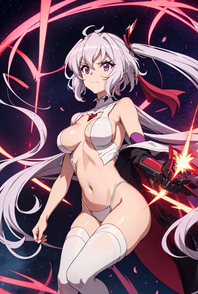 Gray (purple), Eyebrows are thin, Height is small, Big eyes, sixteen years old, Fair complexion, Large and developed chest, Glamorous, Very large chest, Young face, Legs are thin, Layered head cut, Bangs are there, Cute, Eyes are big, No cloth on the abdomen, Cartoon style, Chest is very developed, Chest is emphasized, Clothing fabric is thin, Thin abdominal muscle, Red, red, deep red, crimson are precious, Pale white, pale red, Curl inward toward the ends, Bangs are slightly long, parted on the left, Back hair, Hangs on the forehead. Curled inward toward the ends, slightly long bangs parted on the left, with back hair, hanging over the forehead, white boots, double back hair, one hundred cm chest, fifty seven cm around the waist, eighty five cm around the waist, eight k, highly saturated, abstract, bordered, hip-accentuated, , inguinal, arm-crossed, cris Yukine, SENKIZESSHOU SYMPHOGEAR.Leg spread、Groin、Hips、8k、独奏,One person, High resolution, Textured skin, Ultra high definition, Kick
