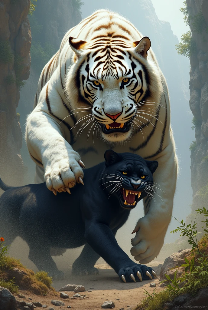 The white tiger crushed the black panther under his feet