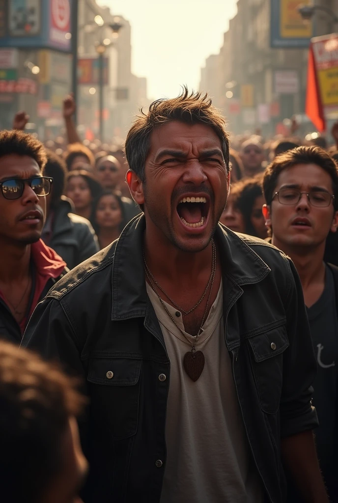 person shouting with a serious face around a crowd