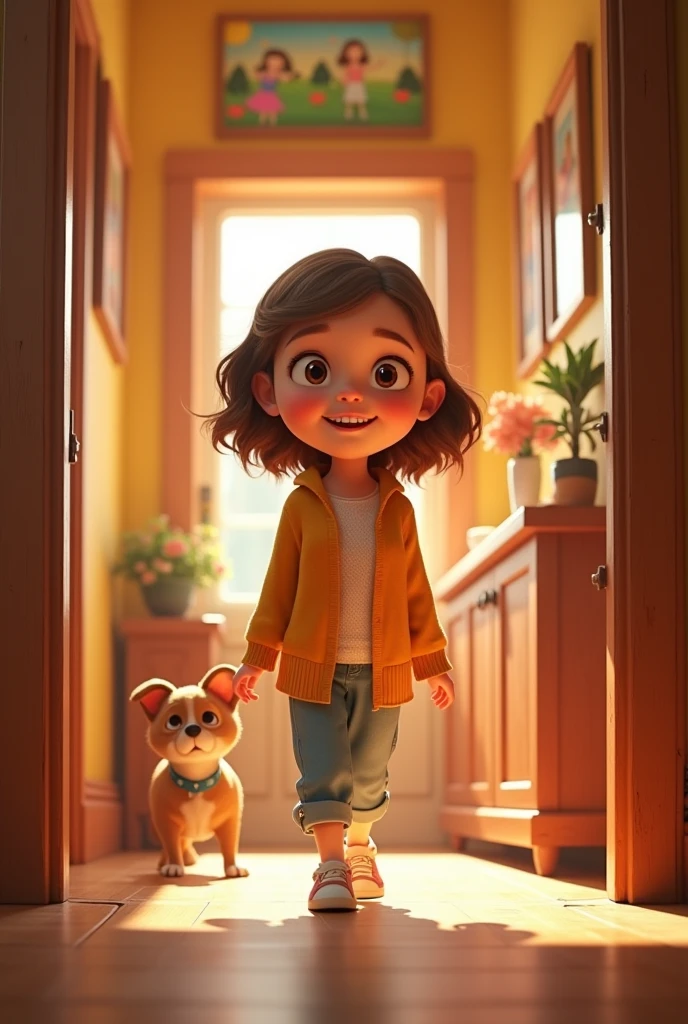 An eleven year old girl in pixar style going to her room from her mom&#39;s perspective