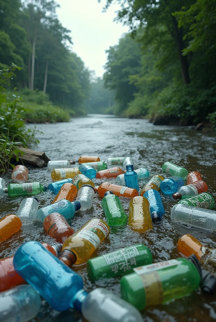 I want to generate an image of plastic bottles in the river for an ecological trash can project