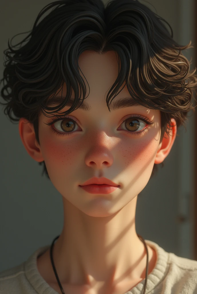 Create a blushing, dark blonde young man. She has light freckles and a long, thin face..