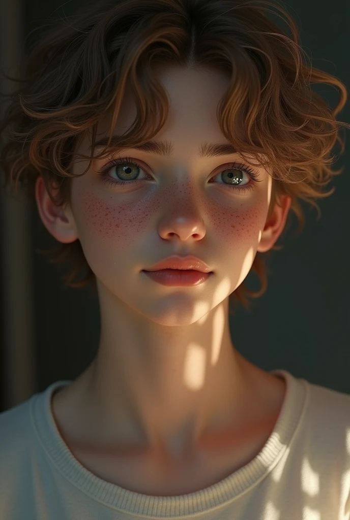 Create a blushing, dark blonde young man. She has light freckles and a long, thin face..