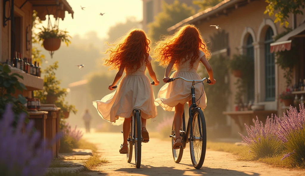 2 girl, redheadwear, long hair, curlies, pedaling his old bike. in front of a village warehouse, products displayed as in the old wine cellars of Provence. It's quite windy and your hair and dress move. village. little birds. Lavender glasses. sunset.Filtro foggy. David Hamilton Style.