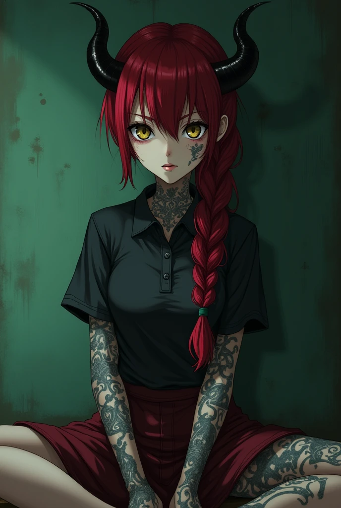The image is anime style with shadows and dim lights, anime style although somewhat adult and dark, It shows a young woman who is apparently 30 years old., redhead who has her hair in a single large braid, It has only one single small black horn on the right side of its forehead, He has black eye sclera and yellow pupils.. His entire body is tattooed with strange symbols.. he is not wearing clothes, Doggy pose. He is in a dog pose. His feet are bare. He looks psychopathic. he would be. evil. you can see his feet. tattooed face. Beautiful feet. ONE HORN. she had, demented. he would be. ONE HORN, Strong legs. ONE HORN. not two. You can see his red anus