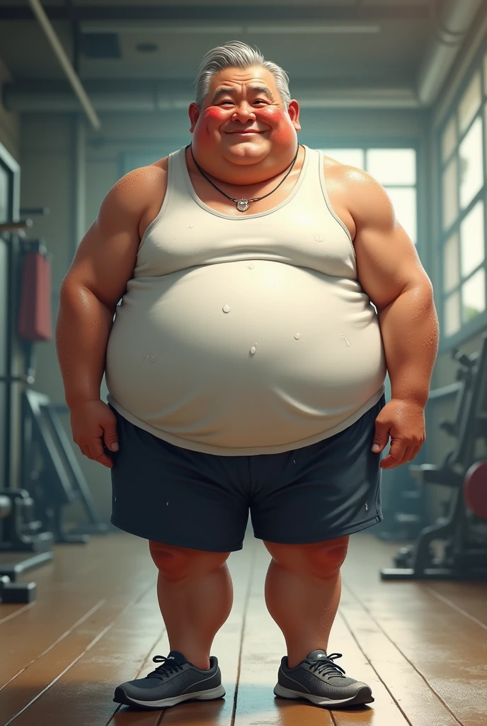 High resolution, masterpiece, In the whole body frame、Full body standing、Japanese、Ultra-short stature、Fat and obese grandpa、charming face、Thinning grey hair、Sweaty all over、White tank top、Shorts、running shoes、Background gym