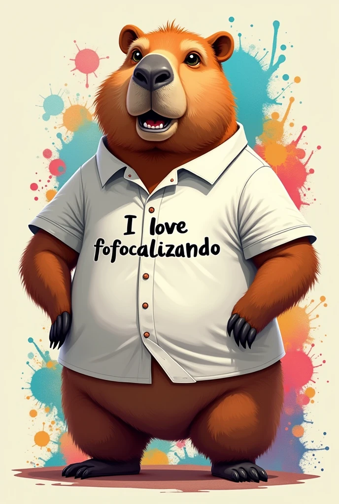 Giant capybara with white shirt saying I love Fofocalizando
