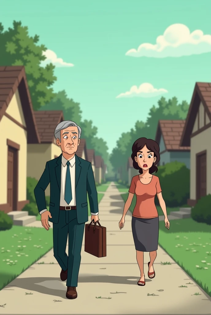 Description: An animated sequence showing Carl's parents and other adults in a monotonous routine. his father, With a suit, He walks quickly towards his office, while her mother runs to do the housework. They all have serious expressions, almost robotic, mirthless.