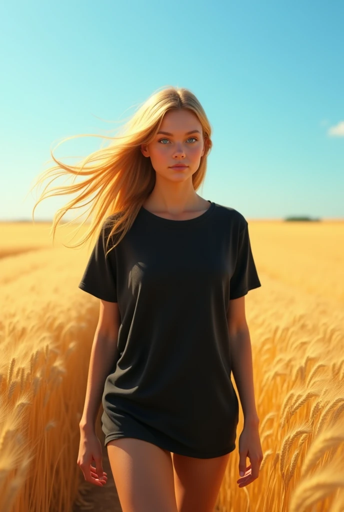 A natural blonde girl is walking in a vast wheat field she is white skinny and is wearing a loose black t-shirt that goes down to her thighs, her long, extremely long, blonde hair flies in the wind, stretched back, her blue eyes stand out, the sunshine illuminates your ((golden looking hair)) glimmering, the blue sky and the vast endless wheat field in the background, a realistic detailed photo style image with good lighting depth HDR effect.
