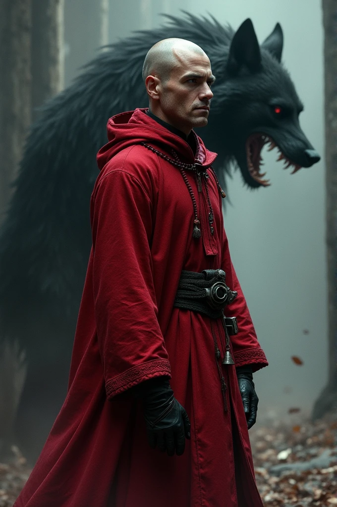 In a medieval world 1 ,with very short hair, almost bald. Wearing red clothes With werewolf shadow