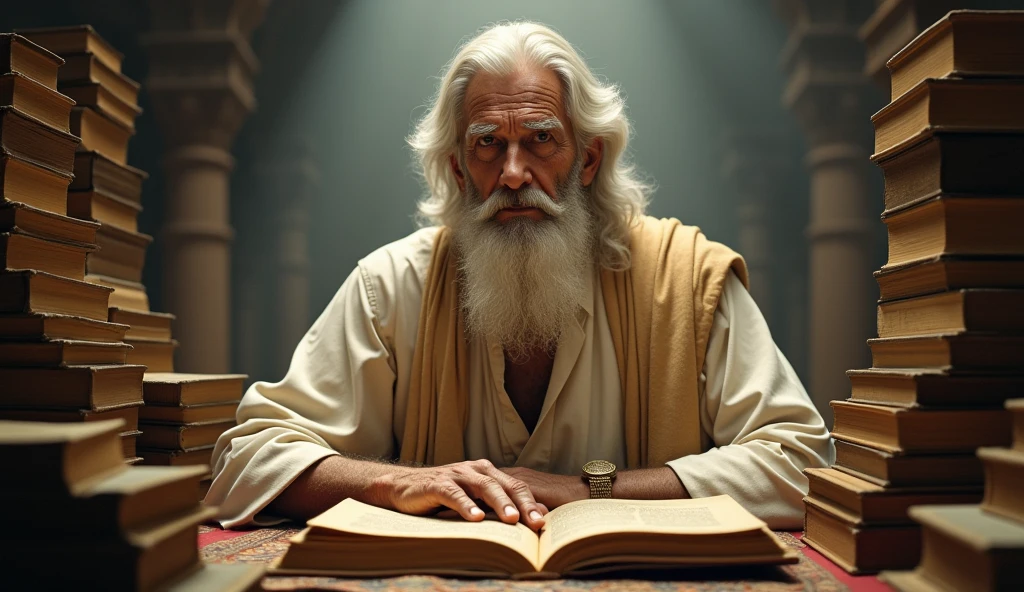 Enoch the prophet of God, surrounded by ancient books and scrolls, with an expression of concentration and wisdom. The scene is illuminated by a soft light, creating an environment of learning and discovery.