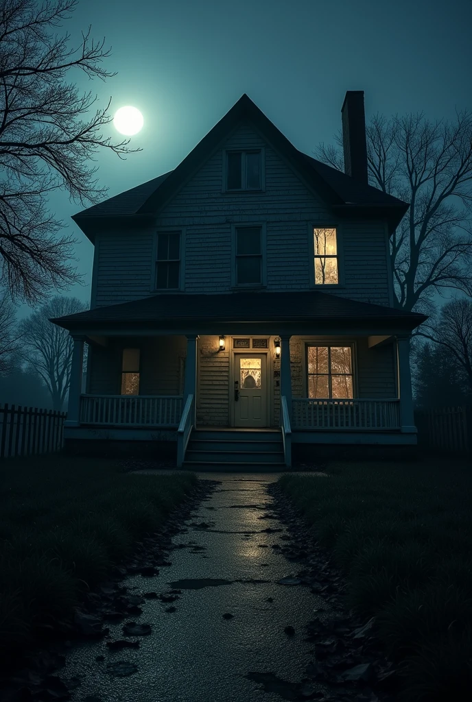 prompt the exterior of an ordinary house in the united states, a scene from a horror movie , a macabre and dark atmosphere at night