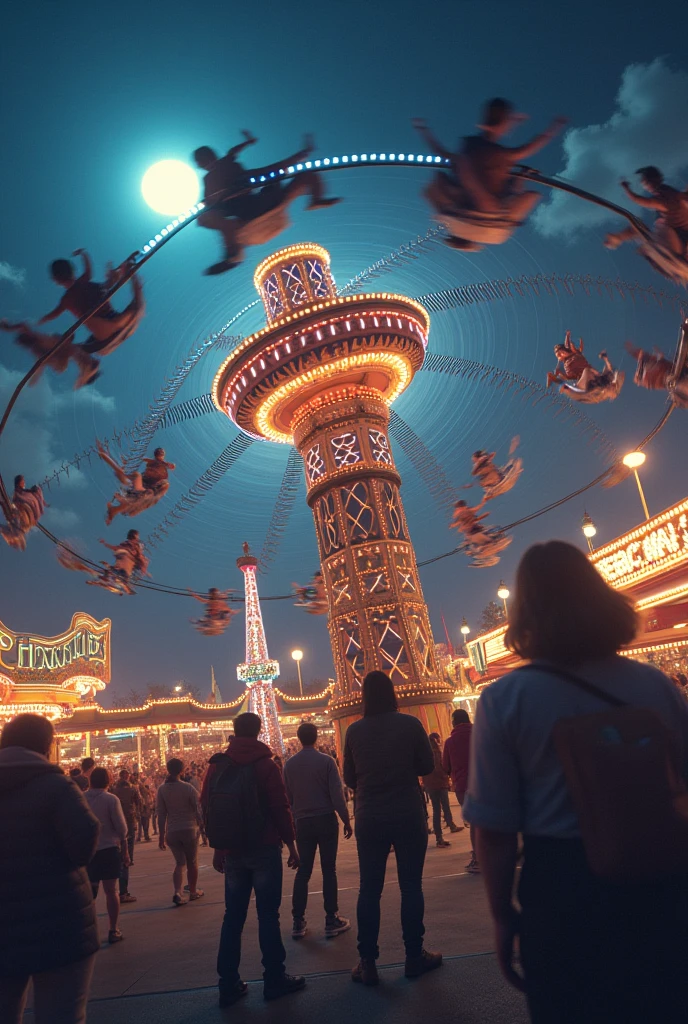 Wagon with bright lights, with chairs tied to chains, with people sitting and spinning around fast, in an amusement park, on a dark night