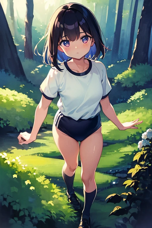 (masterpiece, highest quality),  (夜のdark森), One Girl, young teen, Black gymnastics bloomers, High leg、School Shirt, standing in night forest, Looking up at the forest、Anxious expression, Emotional, Wide-angle, dark, Best Shadow, watercolor,mariel