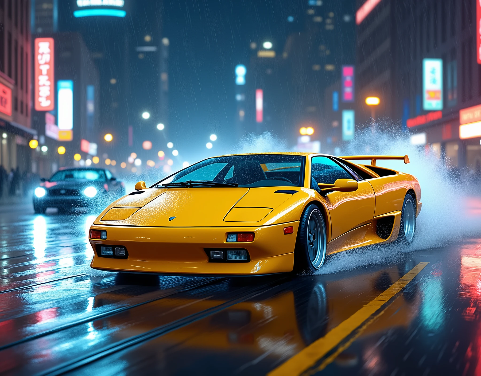 Lamborghini diablo sv color yellow, drifting chase, action shot, high speed, night life, heavy rain, lens flare, intricate, elegant, highly detailed, realistic, concept art, matte, sharp focus, hearthstone