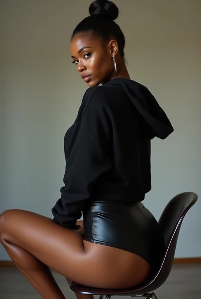 Black woman wearing leather short shorts and black hoodie hair in a bun getting up from a chair. Camera looking at her butt. Backside view low angle