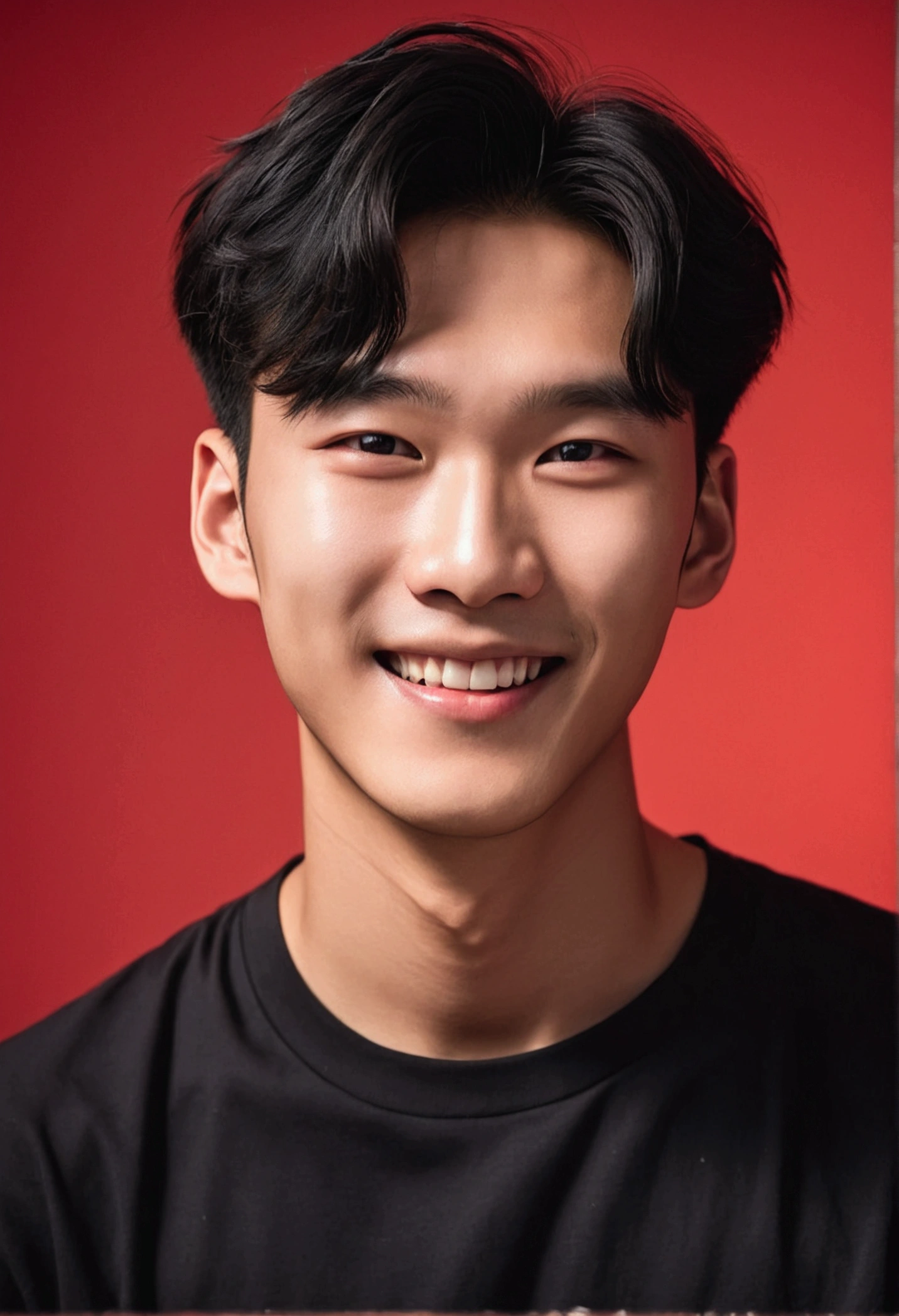 Korean male teenager wearing black shirt smiling and head facing camera with body slightly tilted to the left with red background