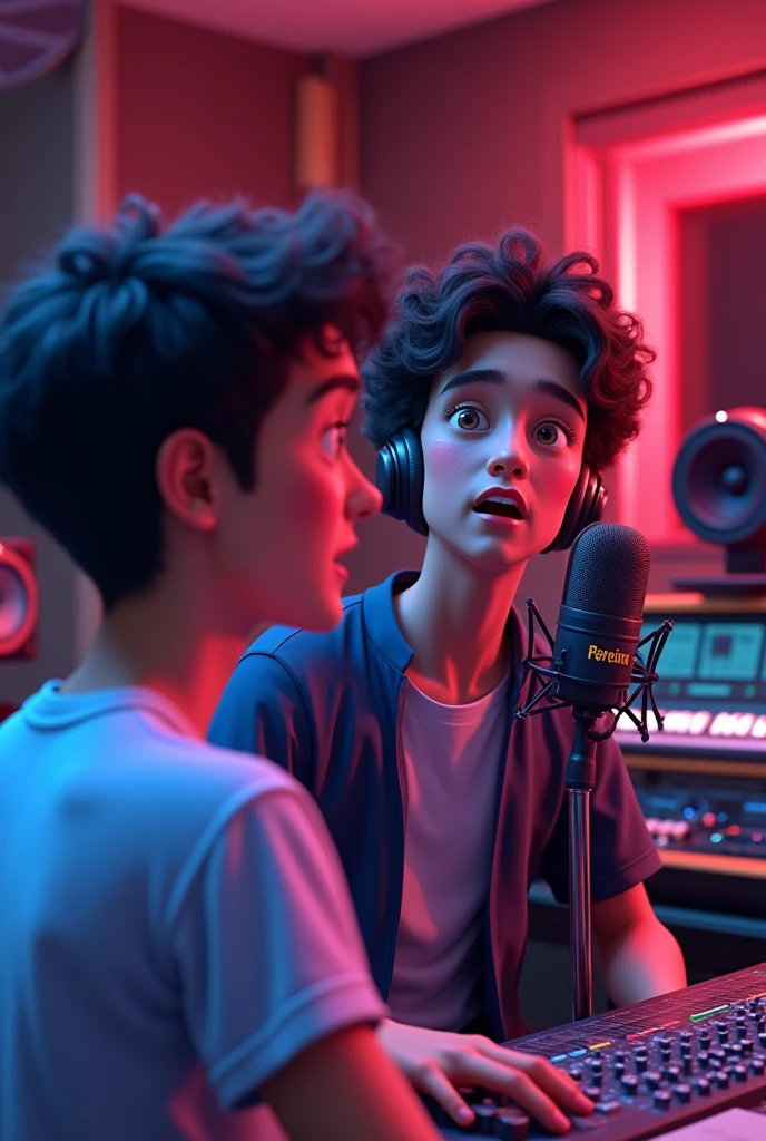 A ager  recording in a recording studio with a producer , in the producer's face that puts the name PEREIRA. MUSIC , in 3D animation with red, blue, lilac colors