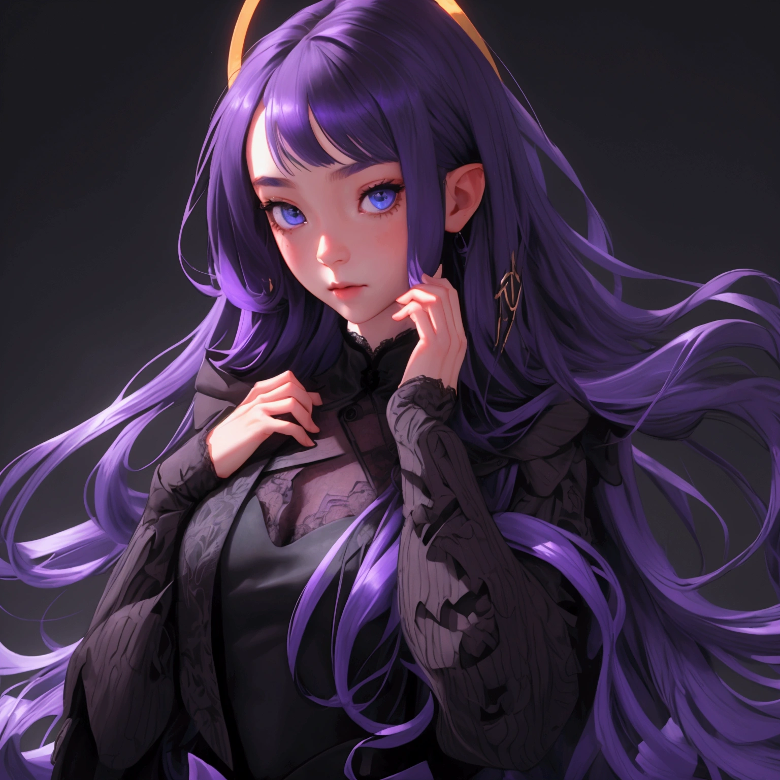 envision a 8k, highres, cinematic, close up beautiful portrait of a slender girl named Ina'nis Ninomae with long purple hair, blue eyes, in a black dress with lace and waist wings with a golden halo above her head against a dark gray background