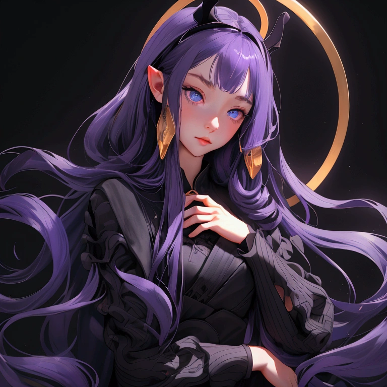 envision a 8k, highres, cinematic, close up beautiful portrait of a slender girl named Ina'nis Ninomae with long purple hair, blue eyes, in a black dress with lace and waist wings with a golden halo above her head against a dark gray background