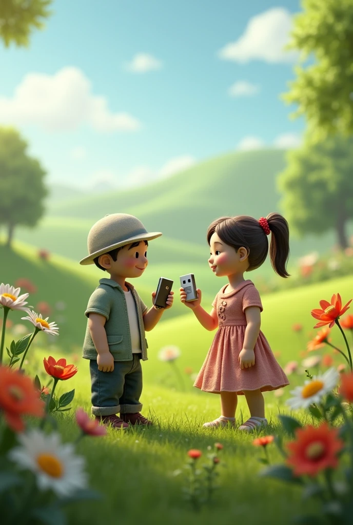 Create an image of two USB sticks with clothes (being one and a girl) together in a bucolic landscape having a get-together.