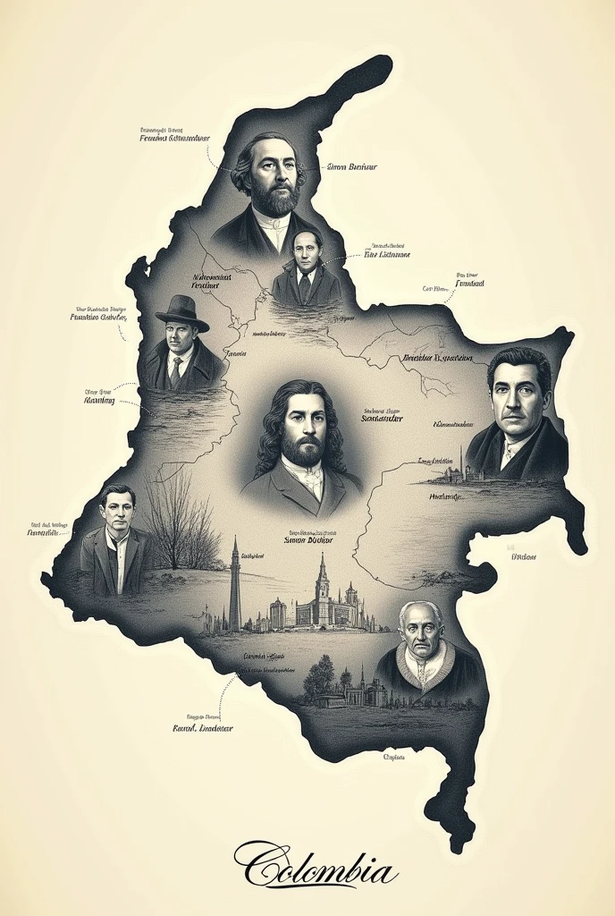 Sketch of a map of Colombia with photos and names of important figures in the independence of Colombia
