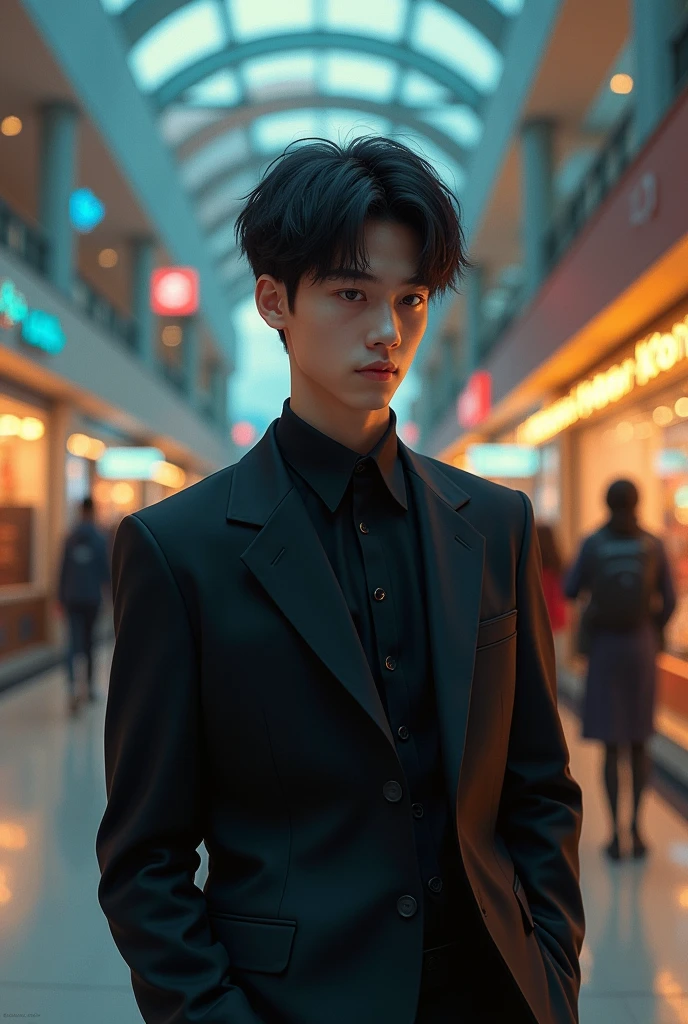 A sad young man with black suit at a shopping mall, pixar style, cinematic, masterpiece, high-aesthetic, realistic , portrait