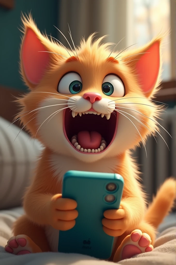 Dumb handsome cat looking at the phone and shouting aaaaa
