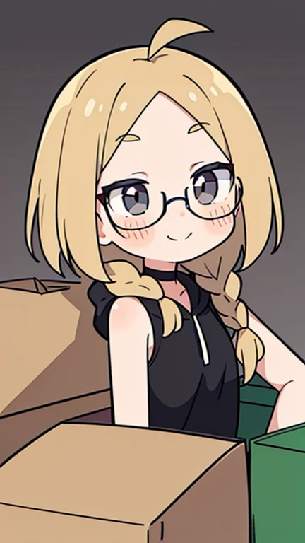 Beige hair color, center parted bangs, forehead exposed, no hair antennae on the sides of the face, large glasses, black sleeveless hoodie, bob hair with reduced volume, long braids on both sides reaching down to the chest, holding a large cardboard box with materials in both hands, gray eyes, shy smile, choker, adult woman, blushing cheeks, beautiful, surrounded by cardboard boxes, black sleeveless hoodie, character outlined in white, green recycling mark on the cardboard box she is holding