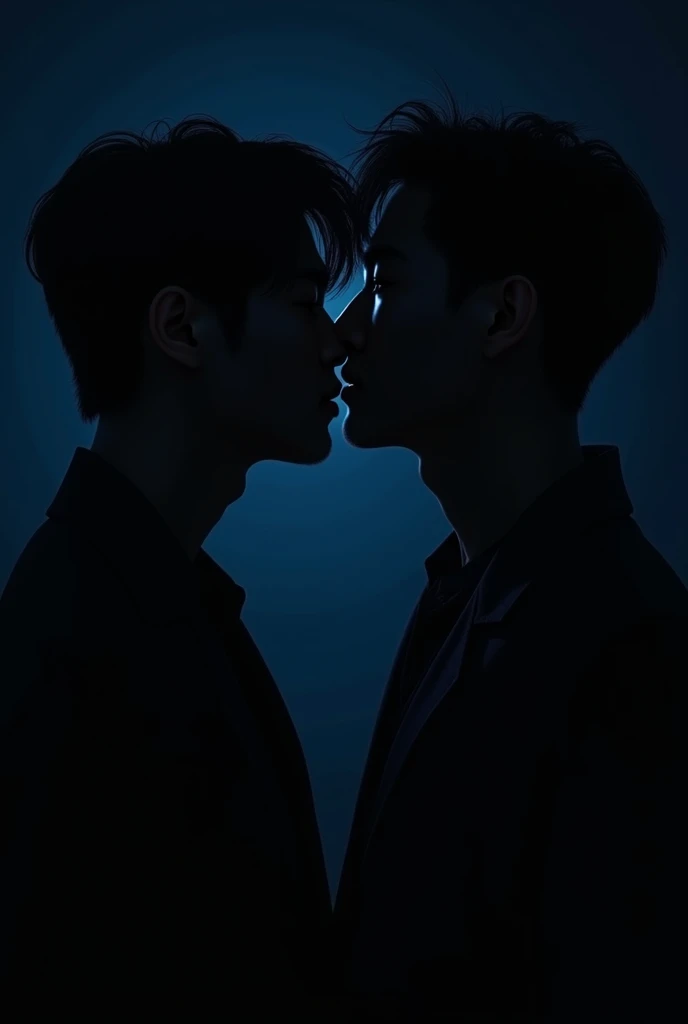 eux tu faire deux hommes en train de se regarder mantiquement de vue de dos dans le noir ou on voit ste les silouhettes. Je veux qu'on voit que leurs ombre Je veut qu'on voit que leurs silhouette. I don't want us to see their faces. An image or that the face has seen not the body. Bring their faces closer together. Deux ommes apparence coreen. Je veux que l'image ssemble à la couverture de l'album de taeyeon to x. a man with fuller lips and a face. Un homme avec un air innocent, visage rond et livre pulpeuse et l’autre un homme d’affaire avec sa silhouette dans le noir complet avec une lumière bleu sombre ambiance avec une apparence reel. Un homme apparence d’origine filipin Grosse levreet l’autre coréen mais qui ne s’embrasse pas mais presque. Dans un mur noir derrière avec une coupe au bol une frange jeune sans barbe qui s’embrasse pas dans la nuit. A taller man black background