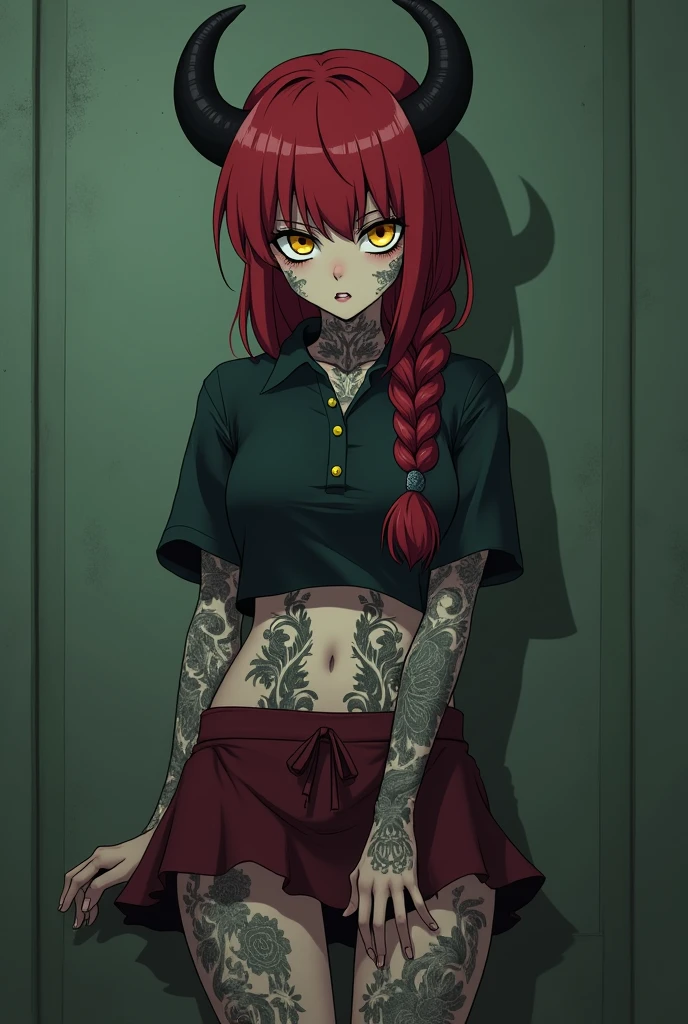 The image is anime style with shadows and dim lights, anime style although somewhat adult and dark, It shows a young woman who is apparently 20 years old., redhead who has her hair in a single large braid, has only a single small horn on the right side of his forehead, He has black eye sclera and yellow pupils.. His entire body is tattooed with strange symbols.. She wears nothing but a small dark red skirt.. The background of the image is a green wall.