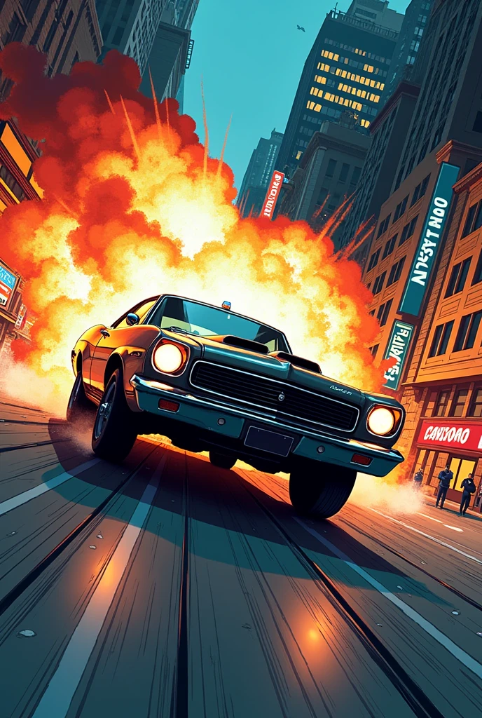 A speeding thief is stopped by the police and receives a fine but refuses to accept it and speeds away until the car explodes (comic book with lines in English