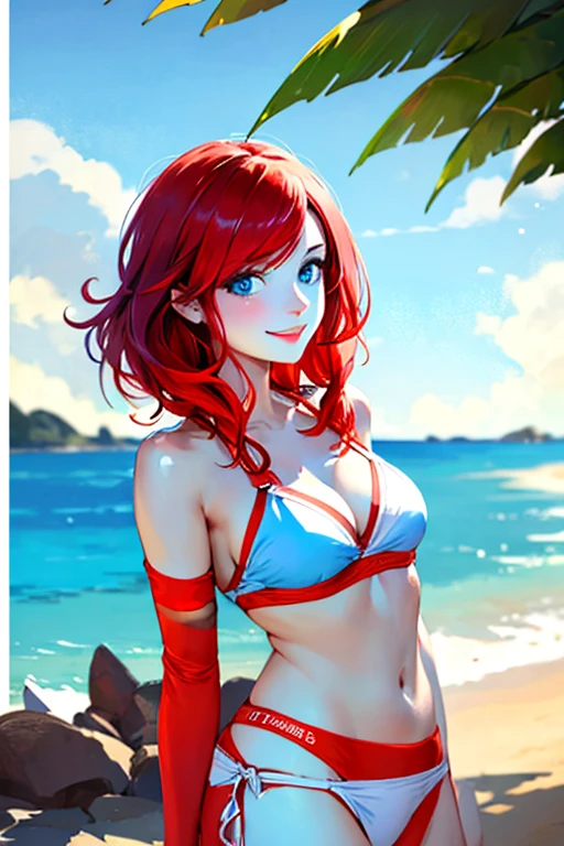 ((masterpiece)), (((best quality))), chromatic lighting,
colorized, red + white limited color palette, 
detailed concept drawing, on the beach, bikini,
portrait, 20yo 1girl, blue sky, medium soft breasts, slender, green, long red hair, blue eyes, smiling