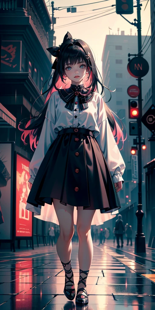 uhd, textured skin, good quality, High details, masterpiece, best quality, (Amazingly absurd:1.2), (masterpiece:1.2), fluffy, 1 Vampire Girl, scars, glowing eyes, shining hair , Whole body love, black hair, hair bow, full body, Kawaiitech, soft colours, Kawaii, Beautiful colors, walking in the streets, raining, Wet