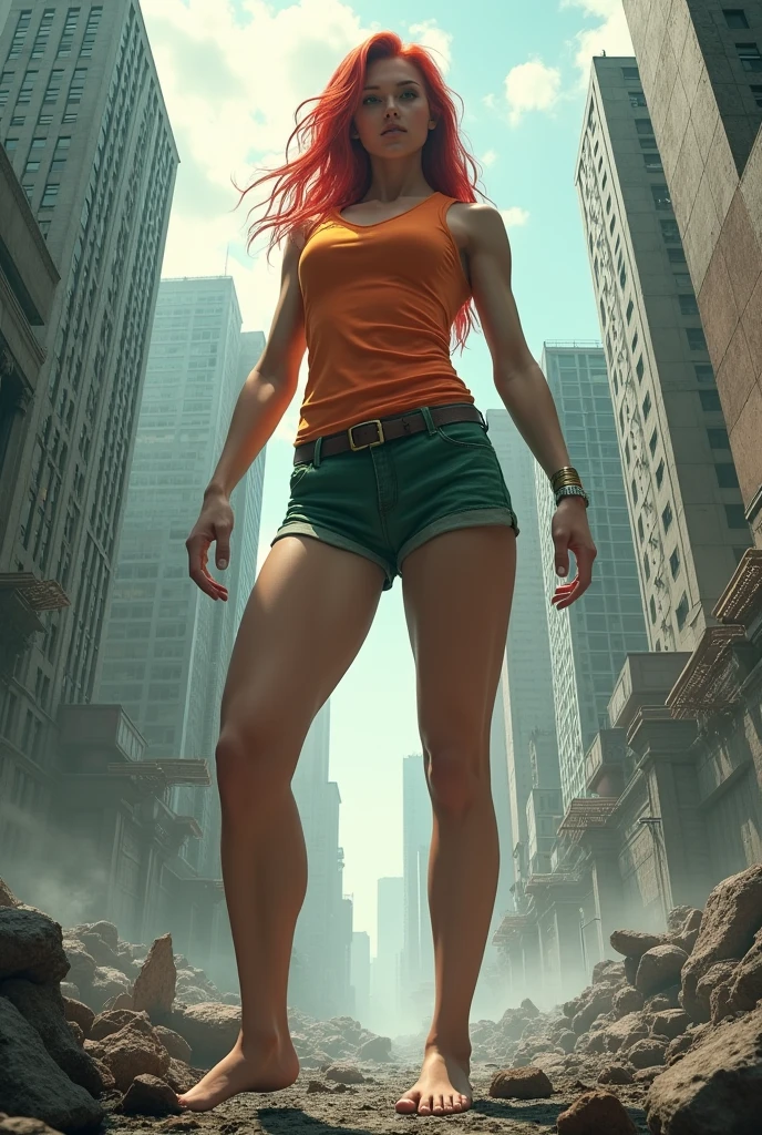 Create an image of a 20 meter tall giant woman. She has an orange sleeveless shirt, short verde, he is redhead, SHE IS BAREFOOT, she is about to foot, and she is in a destroyed city.