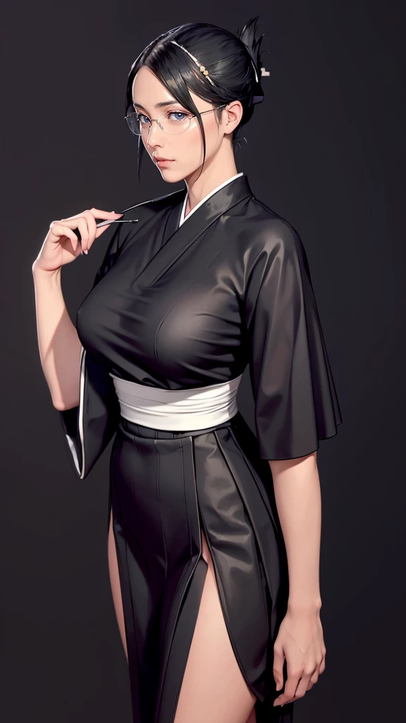 （（（Perfect figure，figure，solo，（ll））），，（（（black robes, sash, hakama skirt））） （（（I did it, folded ponytail，glasses, ））），((masterpiece)),high resolution, ((Best quality at best))，masterpiece，quality，Best quality，（（（ Exquisite facial features,There is light in the eyes，(（（Lol，confidence, wide hips, fully clothed））)，））），型figure:1.7））），（（（Light and shadow，Huge breasts））），（（（Looking from the back，black background )))