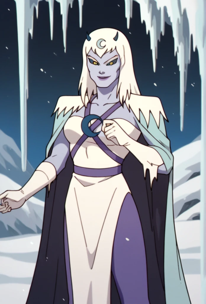 score_9, score_8_up, score_7_up, score_6_up, score_5_up, score_4_up, chilla, thundercats, icicles, standing, cape, smile, colored skin, white hair, long hair, solo, black sclera, yellow eyes, score_9, source_anime, snow outside, Masterpiece, High Quality, Looking at viewer,