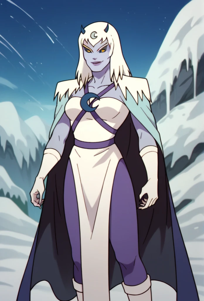score_9, score_8_up, score_7_up, score_6_up, score_5_up, score_4_up, chilla, thundercats, icicles, standing, cape, smile, colored skin, white hair, long hair, solo, black sclera, yellow eyes, score_9, source_anime, snow outside, Masterpiece, High Quality, Looking at viewer,
