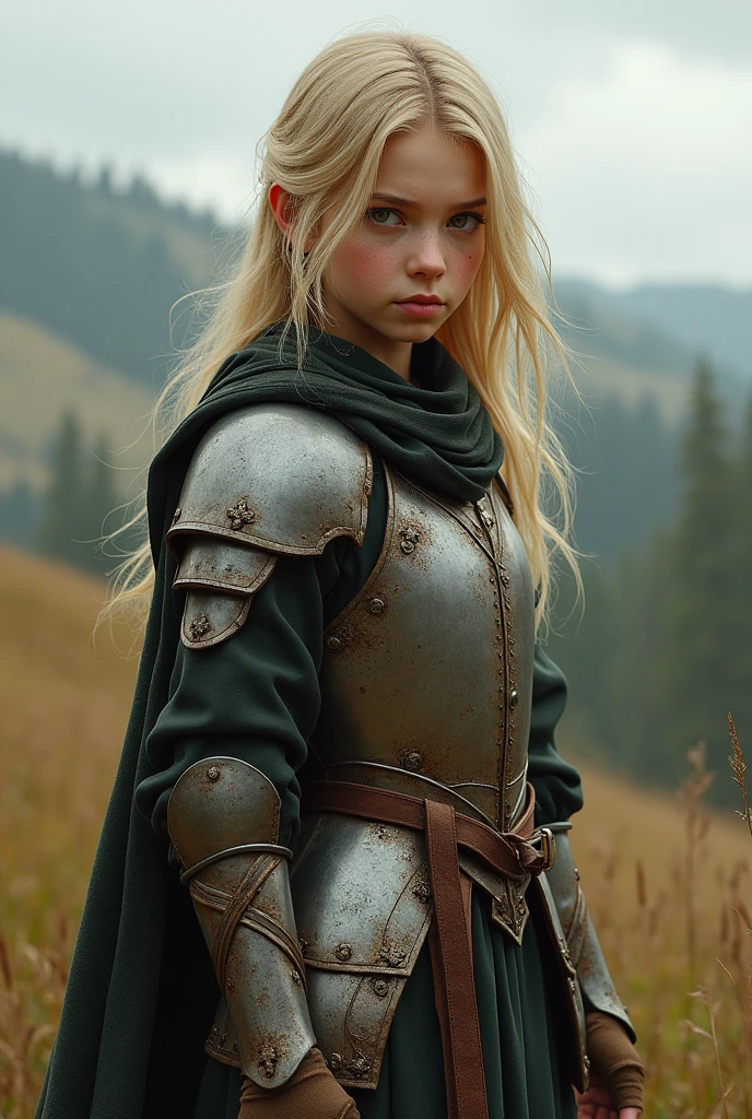 A 1 girl in the middle ages wearing armor that hardly covers her nipple and vagina and no helmet and she has blond hair and brown eyes and white skin