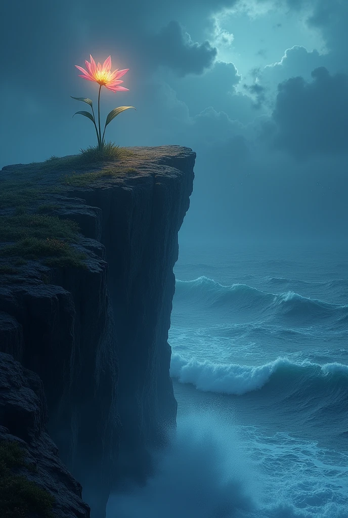one beautiful luminescent small flower atop a high cliff, stormy sea underneath, upward perspective