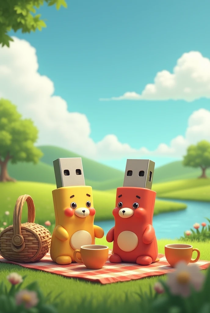Create an image of two pendrives together in a bucolic landscape having a get-together.