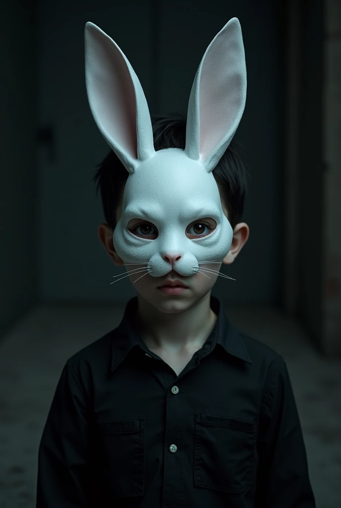 Boy of maximum , dark hair and cute, wearing a white rabbit mask with a serious look. Dark setting