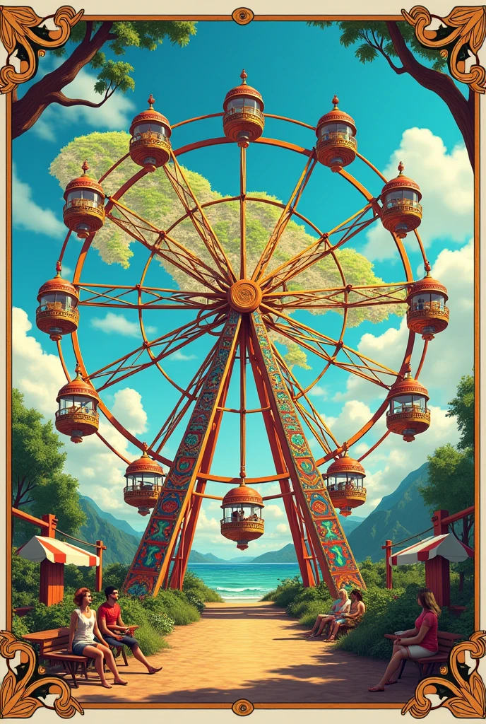 I want a cover for a teaching unit about Honduras. The background should be a colorful map of the country with illustrations of its main cities.. In the middle, A giant Ferris wheel with cabins decorated with Honduran motifs. around, typical food, crafts and landscapes. The style should be a mix between realistic and illustrated, with vibrant colors and a gold frame.