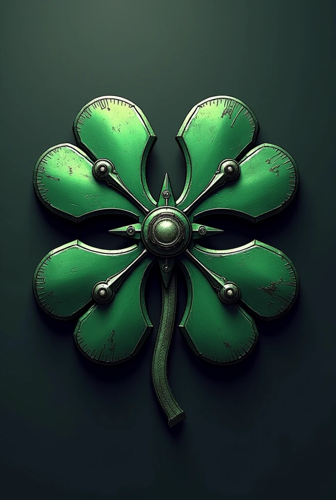 an elegant four-leaf clover shaped projectile, made of light and strong metal. Each leaf of the clover is sharp as a blade, with serrated edges. In the center of the apparatus, there is a small mechanism to release an electrical charge or an inhibitor gas. The design is compact and aerodynamic, allowing it to be thrown accurately. Its color is dark metallic green Comic book 2d style