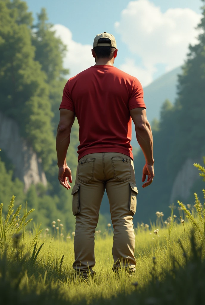 A tall, somewhat strong man wearing a cap, a red shirt and beige pants, back to back in a natural landscape, with grass and forest behind. PICTURE REALISTIC.