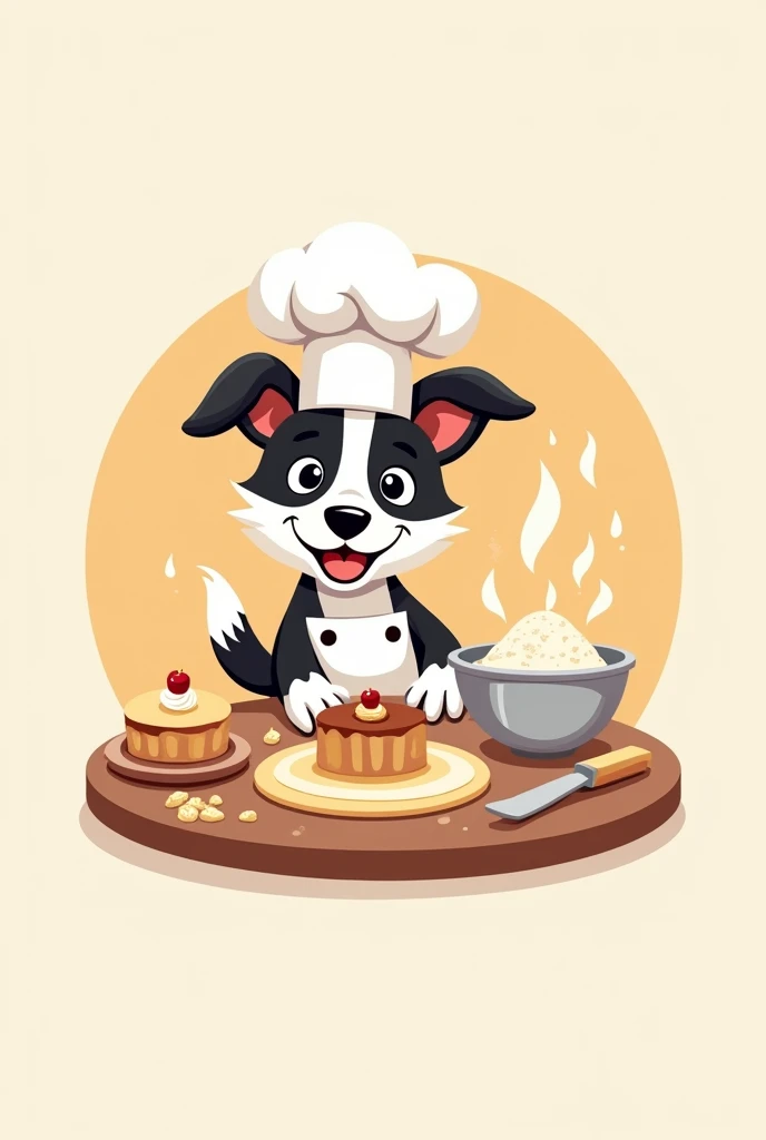 create an animated logo for instagram circular of a baby fox terrier dog with an all black head, who has a chef's hat and is baking cakes