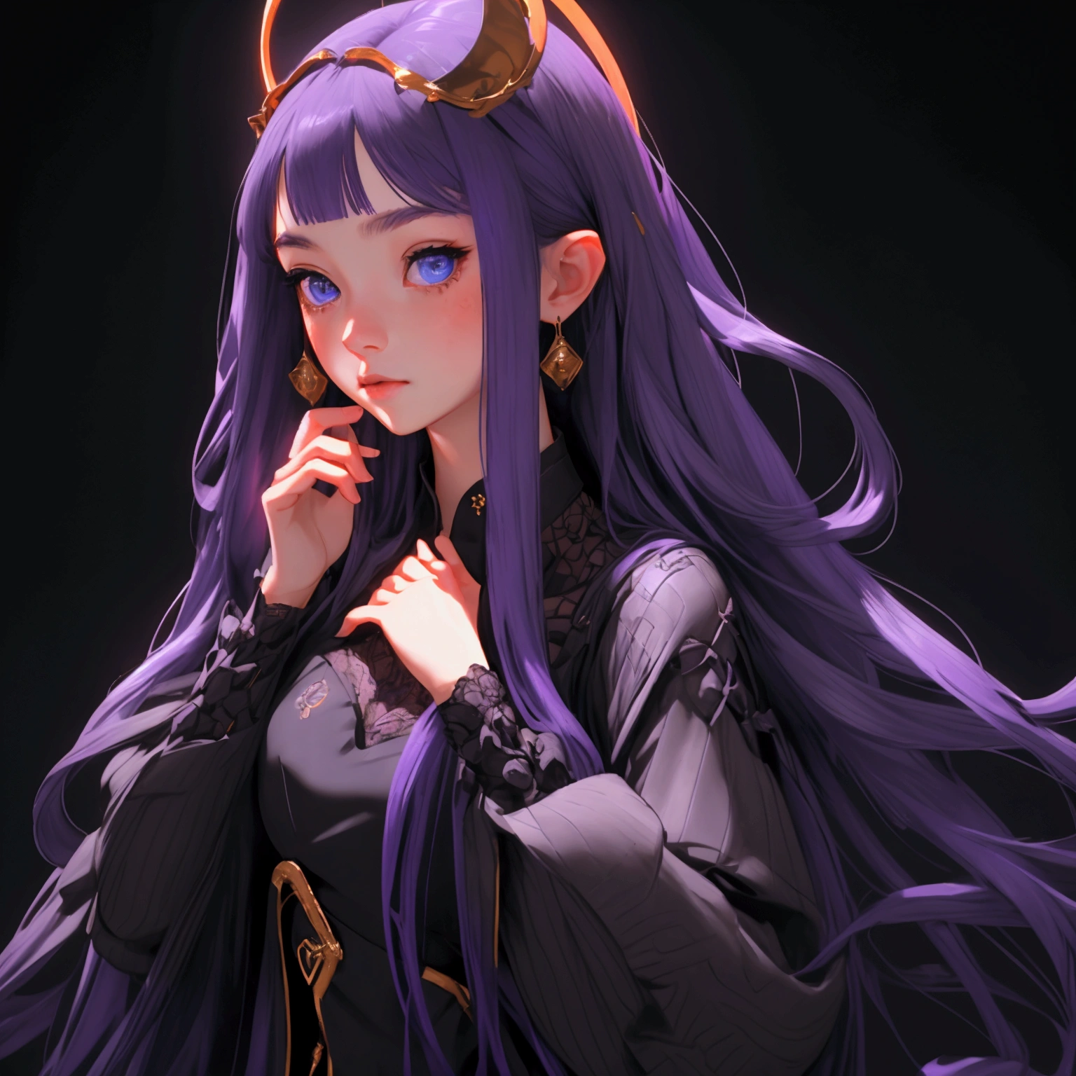 envision a 8k, highres, cinematic, close up beautiful portrait of a slender girl named Ina'nis Ninomae with long purple hair, blue eyes, in a black dress with lace and waist wings with a golden halo above her head against a dark gray background